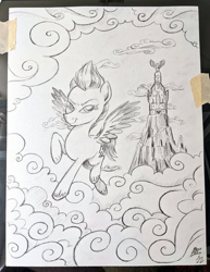Size: 790x1024 | Tagged: safe, artist:mellodillo, imported from derpibooru, zipp storm, pegasus, pony, female, flying, g5, grayscale, looking at you, mare, monochrome, pencil drawing, smiling, smiling at you, smirk, solo, traditional art