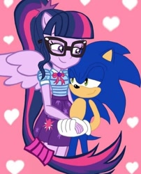 Size: 1080x1334 | Tagged: safe, artist:sonicslendrinalyd, imported from derpibooru, sci-twi, twilight sparkle, human, equestria girls, crossover, hug, sonic the hedgehog, sonic the hedgehog (series)