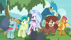Size: 1920x1080 | Tagged: safe, imported from derpibooru, screencap, gallus, ocellus, sandbar, silverstream, smolder, yona, changedling, changeling, classical hippogriff, dragon, earth pony, griffon, hippogriff, pony, yak, non-compete clause, season 8, spoiler:s08, 1080p, angry, cloven hooves, colt, dragoness, female, foal, frown, gallus is not amused, gritted teeth, hand on hip, implied applejack, implied rainbow dash, male, monkey swings, narrowed eyes, ocellus is not amused, sandbar is not amused, silverstream is not amused, smolder is not amused, student six, teenager, teeth, unamused, yona is not amused