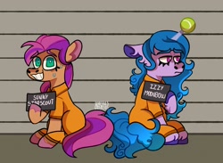 Size: 1964x1434 | Tagged: safe, artist:wgostosos, imported from derpibooru, izzy moonbow, sunny starscout, earth pony, pony, unicorn, ball, clothes, commission, g5, izzy's tennis ball, line-up, mugshot, never doubt rainbowdash69's involvement, prison outfit, prisoner, prisoner im, tennis ball