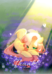 Size: 1024x1448 | Tagged: safe, alternate version, artist:dreamsugar, imported from derpibooru, fluttershy, butterfly, pegasus, pony, alternate eye color, calm, crepuscular rays, cute, eye clipping through hair, female, flower, follower count, full body, grass, green eyes, head resting on leg, long tail, lying down, mare, partially open wings, prone, solo, tail, thanks, wings
