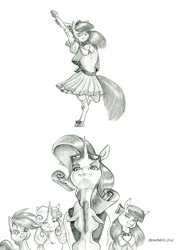 Size: 1100x1510 | Tagged: safe, artist:baron engel, imported from derpibooru, apple bloom, rarity, scootaloo, sweetie belle, oc, oc:stone mane (baron engel), earth pony, pegasus, pony, unicorn, colt, cutie mark crusaders, female, filly, floppy ears, foal, male, mare, pencil drawing, simple background, story included, traditional art, white background