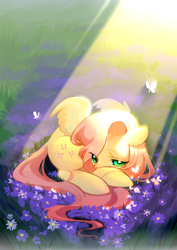 Size: 1024x1448 | Tagged: safe, alternate version, artist:dreamsugar, imported from derpibooru, fluttershy, butterfly, pegasus, pony, alternate eye color, calm, crepuscular rays, cute, eye clipping through hair, female, flower, full body, grass, green eyes, head resting on leg, long tail, lying down, mare, partially open wings, prone, solo, tail, textless version, wings