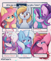 Size: 1715x2048 | Tagged: safe, artist:miryelis, imported from derpibooru, derpy hooves, fluttershy, pinkie pie, princess flurry heart, starlight glimmer, trixie, alicorn, earth pony, pegasus, pony, unicorn, six fanarts, 6 pony meme, colored, exploitable meme, heart, horn, looking at you, meme, pinkamena diane pie, short hair, signature, smiling, smiling at you, sparkles, text, wings