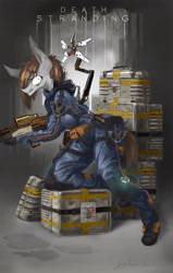 Size: 3000x4703 | Tagged: safe, artist:lament, imported from derpibooru, oc, oc only, oc:littlepip, anthro, hybrid, zony, fallout equestria, a hideo kojima game, anthro oc, bridges, clothes, crossover, death stranding, female, luggage, luggage stickers, odradek, solo, video game, weapon