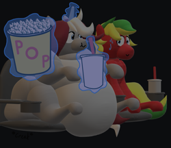 Size: 885x766 | Tagged: safe, artist:plascy, imported from derpibooru, oc, oc only, oc:plascy, oc:turbo stormcharge, earth pony, pony, unicorn, 3d, 3d model, cinema, fat, female, food, male, mixed media, obese, onomatopoeia, paint 3d, popcorn, soda, sweat, sweatdrops, worried, worried smile