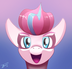 Size: 1500x1437 | Tagged: safe, artist:tyleks, imported from derpibooru, zipp storm, pegasus, pony, adorazipp, bust, cute, eyebrows, female, g5, gradient background, looking at you, mare, my little pony: a new generation, open mouth, open smile, signature, smiling, smiling at you, solo