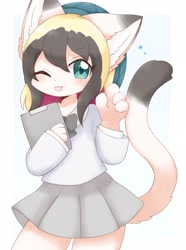 Size: 1526x2048 | Tagged: safe, artist:ginmaruxx, imported from derpibooru, oc, oc only, anthro, cat, abstract background, beanie, blushing, bowtie, catified, clipboard, clothes, eye clipping through hair, female, hat, looking at you, one eye closed, simple background, skirt, solo, species swap, stars, tail, tongue out, white background, wink, winking at you