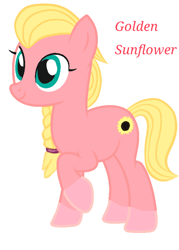 Size: 620x866 | Tagged: safe, artist:sproutscoutotp, imported from derpibooru, oc, oc only, oc:golden sunflower, earth pony, pony, coat markings, female, mare, offspring, parent:sprout cloverleaf, parent:sunny starscout, parents:sunnysprout, simple background, socks (coat markings), text, white background