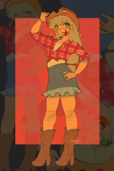 Size: 855x1280 | Tagged: safe, artist:okeeiias, imported from derpibooru, kotobukiya, applejack, human, abstract background, applejack's hat, boots, cowboy hat, female, front knot midriff, hand on hip, hat, humanized, kotobukiya applejack, lesbian pride flag, midriff, open mouth, pride, pride flag, shoes, solo