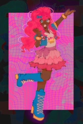 Size: 855x1280 | Tagged: safe, artist:batsoggy, imported from derpibooru, kotobukiya, pinkie pie, human, abstract background, clothes, dark skin, female, humanized, kotobukiya pinkie pie, looking at you, open mouth, open smile, pansexual pride flag, pride, pride flag, smiling, smiling at you, solo, transgender pride flag