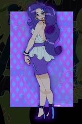 Size: 855x1280 | Tagged: safe, artist:batsoggy, imported from derpibooru, kotobukiya, rarity, human, abstract background, asexual pride flag, bare shoulders, clothes, cutie mark on clothes, female, high heels, humanized, kotobukiya rarity, looking at you, pride, pride flag, rarity peplum dress, shoes, sleeveless, solo