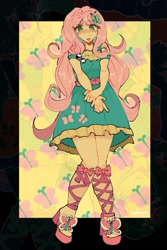 Size: 855x1280 | Tagged: safe, artist:batsoggy, imported from derpibooru, kotobukiya, fluttershy, human, abstract background, agender, clothes, cutie mark on clothes, demisexual pride flag, female, humanized, kotobukiya fluttershy, pride, pride flag, solo