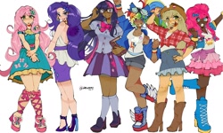 Size: 2128x1280 | Tagged: safe, artist:batsoggy, imported from derpibooru, kotobukiya, applejack, fluttershy, pinkie pie, rainbow dash, rarity, twilight sparkle, human, agender, asexual pride flag, bare shoulders, bi twi, bisexual pride flag, clothes, cutie mark on clothes, dark skin, demisexual pride flag, female, front knot midriff, glasses, goggles, high heels, humanized, kotobukiya applejack, kotobukiya fluttershy, kotobukiya pinkie pie, kotobukiya rainbow dash, kotobukiya rarity, kotobukiya twilight sparkle, lesbian pride flag, looking at you, mane six, midriff, pansexual pride flag, pride, pride flag, shoes, simple background, transgender pride flag, white background