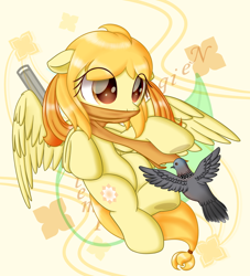 Size: 1856x2048 | Tagged: safe, artist:neige de printdemps, imported from derpibooru, oc, oc:kerria florespangle, bird, pegasus, pony, clothes, female, flying, scarf, simple background