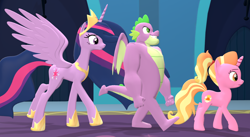 Size: 1798x986 | Tagged: safe, artist:red4567, imported from derpibooru, luster dawn, spike, twilight sparkle, alicorn, dragon, pony, unicorn, the last problem, 3d, chad, dr. livesey walk, gigachad spike, meme, older, older spike, older twilight, princess twilight 2.0, source filmmaker, treasure island, twilight sparkle (alicorn), walking, winged spike, wings