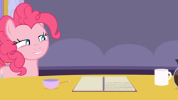 Size: 1920x1080 | Tagged: safe, artist:agrol, imported from derpibooru, pinkie pie, earth pony, pony, coffee, coffee mug, coffee pot, cup, female, grin, lidded eyes, mare, mug, notebook, pencil, smiling, smug, solo, table, tales of adventurers, teacup