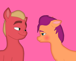 Size: 1250x1000 | Tagged: safe, artist:sproutscoutotp, imported from derpibooru, sprout cloverleaf, sunny starscout, earth pony, pony, bedroom eyes, blonde mane, blushing, couple, female, g5, looking at each other, looking at someone, male, mare, my little pony: a new generation, orange coat, purple mane, red coat, shipping, simple background, smiling, smiling at each other, stallion, straight, sunnysprout