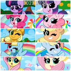 Size: 1080x1080 | Tagged: safe, artist:kittyrosie, imported from derpibooru, applejack, fluttershy, pinkie pie, rainbow dash, twilight sparkle, alicorn, butterfly, earth pony, pegasus, pony, unicorn, 2020, 2022, applejack's hat, blushing, candy, cloud, comparison, cowboy hat, cute, dashabetes, diapinkes, flying, food, grin, hat, jackabetes, lollipop, looking at you, one eye closed, open mouth, open smile, rainbow, shyabetes, smiling, smiling at you, spread wings, starry eyes, tree, twiabetes, twilight sparkle (alicorn), wingding eyes, wings, wink, winking at you