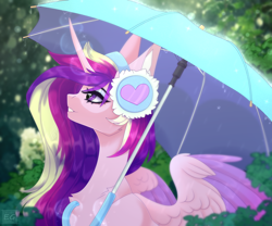 Size: 2598x2160 | Tagged: safe, artist:elektra-gertly, imported from derpibooru, princess cadance, alicorn, pony, chest fluff, colored wings, ear fluff, earmuffs, female, glowing, glowing horn, horn, looking up, mare, multicolored wings, open mouth, open smile, rain, smiling, solo, umbrella, wings