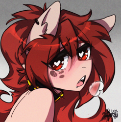 Size: 2480x2507 | Tagged: safe, artist:charlot, imported from derpibooru, oc, oc only, oc:penta, earth pony, pony, ahegao, anime, commission, ear piercing, freckles, heart, heart eyes, jewelry, necklace, open mouth, piercing, retrowave, solo, stylized, tongue out, wingding eyes, ych result, your character here