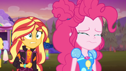 Size: 1920x1080 | Tagged: safe, imported from derpibooru, screencap, pinkie pie, sandy cerise, snow flower, sunset shimmer, human, equestria girls, equestria girls series, sunset's backstage pass!, spoiler:eqg series (season 2), background human, clothes, crying, duo focus, sad, wavy mouth