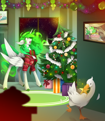 Size: 2605x3000 | Tagged: safe, artist:taiga-blackfield, imported from derpibooru, oc, oc only, oc:eos, oc:malice, alicorn, bird, goose, pony, alicorn oc, candy, candy cane, christmas, christmas ornament, christmas tree, clothes, crossover, decoration, ears back, food, holiday, horn, mouth hold, ornament, present, stealing, sweater, tree, untitled goose game, window, wings