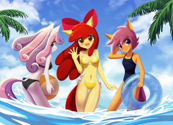 Size: 1392x1000 | Tagged: safe, artist:howxu, imported from derpibooru, apple bloom, scootaloo, sweetie belle, anthro, earth pony, pegasus, unicorn, adorasexy, adult, apple bloom's bow, ass, ball, bare shoulders, beach, beach ball, belly button, bikini, bikini bottom, bikini top, bow, breasts, butt, clothes, cute, cutie mark crusaders, delicious flat chest, female, floaty, hair bow, heart, heart eyes, inner tube, legs in the water, misleading thumbnail, older, older apple bloom, older cmc, older scootaloo, older sweetie belle, one-piece swimsuit, open mouth, outdoors, palm tree, reasonably sized breasts, scootaflat, sexy, side-tie bikini, summer, swimsuit, tree, trio, trio female, water, wingding eyes, wingless