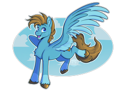 Size: 2732x2048 | Tagged: safe, artist:sursiq, imported from derpibooru, oc, oc only, oc:carbon, pegasus, pony, blue eyes, brown mane, coat markings, colored wings, cute, happy, hooves, male, multicolored wings, open mouth, outline, pegasus oc, raised hoof, simple background, sky, socks (coat markings), solo, spread wings, transparent background, unshorn fetlocks, white outline, wings