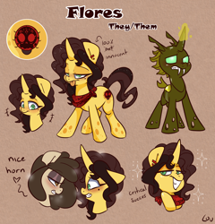 Size: 1508x1572 | Tagged: safe, artist:lou, imported from derpibooru, oc, oc:flores, oc:louvely, changeling, changeling oc, disguise, disguised changeling, reference sheet, yellow changeling