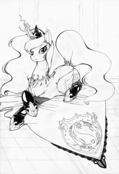 Size: 848x1232 | Tagged: safe, artist:longinius, imported from derpibooru, princess luna, alicorn, pony, clothed ponies, clothes, coat of arms, crest, female, grayscale, horn, horn jewelry, jewelry, lineart, lying down, mare, monochrome, prone, socks, solo, tail, tail wrap, traditional art