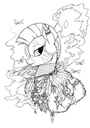 Size: 621x877 | Tagged: safe, artist:longinius, imported from derpibooru, zecora, dragonfly, insect, zebra, bust, ear piercing, earring, feather, female, grayscale, jewelry, lineart, monochrome, piercing, pipe, portrait, potion, smoking, solo, traditional art