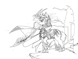 Size: 1350x1030 | Tagged: safe, artist:longinius, imported from derpibooru, pony, unicorn, armor, cloak, clothes, grayscale, helmet, lineart, loki, marvel, marvel cinematic universe, monochrome, ponified, portal, raised hoof, solo, spear, traditional art, weapon