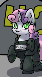 Size: 500x900 | Tagged: safe, artist:slavedemorto, imported from derpibooru, sweetie belle, pony, unicorn, armor, female, filly, foal, horn, looking at you, raised hoof, solo