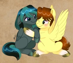 Size: 1448x1253 | Tagged: safe, artist:artharuhi, imported from derpibooru, pegasus, pony, blushing, cody emmett jameson anderson, duo, duo male and female, female, gwen (total drama), gwody, hug, looking at each other, male, mare, non-mlp shipping, ponified, shipping, stallion, straight, total drama, total drama island