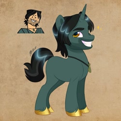 Size: 1200x1200 | Tagged: safe, artist:artharuhi, imported from derpibooru, human, pony, unicorn, beard, chris mclean, colored hooves, facial hair, gold hooves, looking at you, male, necklace, ponified, smiling, solo, stallion, total drama, total drama island