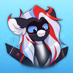 Size: 1200x1200 | Tagged: safe, artist:argigen, imported from derpibooru, oc, oc only, oc:xsf-47 willow, original species, plane pony, pony, black coat, blue background, blue mane, blue sclera, bust, cute, ear fluff, female, gradient background, high res, looking at you, multicolored mane, plane, portrait, red mane, simple background, solo, spread wings, su-47, sukhoi su-47 berkut, white mane, wings