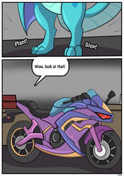 Size: 1280x1811 | Tagged: safe, artist:rex-equinox, imported from derpibooru, part of a set, princess ember, dragon, comic:wheels over wings, comic, commission, landing, motorcycle, speech bubble