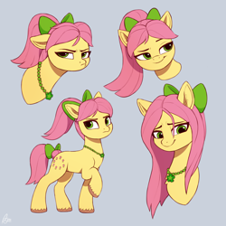 Size: 2000x2000 | Tagged: safe, artist:luminousdazzle, imported from derpibooru, earth pony, pony, bow, bust, doodle, female, frown, g5, green eyes, grumpy, hair bow, high res, jewelry, mane down, mare, my little pony: make your mark, my little pony: tell your tale, necklace, pink mane, ponytail, portrait, posey bloom, raised hoof, reference sheet, simple background, smiling, smug, solo, standing, unshorn fetlocks