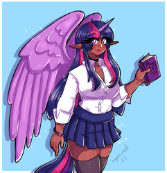 Size: 3024x3143 | Tagged: safe, artist:mylittleyuri, imported from derpibooru, twilight sparkle, alicorn, human, alicorn humanization, book, bracelet, breasts, busty twilight sparkle, clothes, dark skin, ear piercing, earring, elf ears, horned humanization, humanized, jewelry, open clothes, open shirt, piercing, shirt, skirt, solo, stockings, tail, tailed humanization, thigh highs, twilight sparkle (alicorn), winged humanization, zettai ryouiki