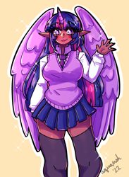 Size: 1680x2290 | Tagged: safe, artist:mylittleyuri, imported from derpibooru, twilight sparkle, alicorn, human, alicorn humanization, breasts, busty twilight sparkle, clothes, dark skin, elf ears, horned humanization, humanized, necktie, shirt, skirt, solo, stockings, sweater, thigh highs, twilight sparkle (alicorn), waving, winged humanization, zettai ryouiki