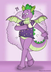 Size: 1024x1449 | Tagged: safe, artist:sparkbolt3020, imported from derpibooru, spike, dragon, clothes, commission, nightgown, plushie, transformation, transformation sequence, transgender transformation