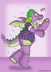 Size: 1024x1449 | Tagged: safe, artist:sparkbolt3020, imported from derpibooru, spike, dragon, clothes, commission, nightgown, plushie, transformation, transformation sequence, transgender transformation