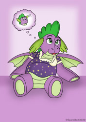 Size: 1024x1449 | Tagged: safe, artist:sparkbolt3020, imported from derpibooru, spike, dragon, clothes, commission, confused, inanimate tf, nightgown, plushie, shocked, shocked expression, thought bubble, transformation, transformation sequence, transgender transformation