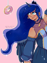 Size: 2100x2800 | Tagged: safe, artist:mylittleyuri, imported from derpibooru, princess luna, human, alicorn humanization, armpits, choker, clothes, crown, dark skin, donut, dress, ear piercing, earring, female, fishing hook, fishing rod, food, hook, horned humanization, humanized, jewelry, licking, licking lips, piercing, pink background, regalia, simple background, solo, tongue out, winged humanization