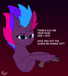 Size: 1920x2160 | Tagged: safe, artist:kainy, imported from derpibooru, oc, oc only, oc:cmdrtempest, pony, unicorn, counter-strike: global offensive, female, glock 17, looking at you, meme, scar, simple background, solo, text, weapon