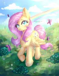 Size: 2450x3150 | Tagged: safe, artist:mylittleyuri, imported from derpibooru, fluttershy, butterfly, pegasus, pony, blushing, chest fluff, cloud, cute, ear fluff, female, leg fluff, mare, rainbow, shyabetes, solo