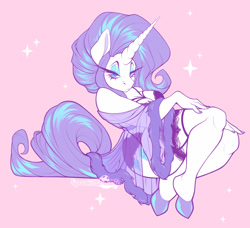 Size: 1280x1169 | Tagged: safe, artist:spookieghoulie, artist:spookielee, imported from derpibooru, rarity, anthro, unguligrade anthro, unicorn, big ears, big eyelashes, big hair, big horn, bra, breasts, clothes, female, garter belt, horn, lidded eyes, lingerie, looking at you, panties, pink background, pinup, robe, see-through, simple background, socks, solo, stockings, thigh highs, thighs, underwear