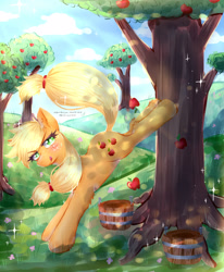 Size: 2314x2808 | Tagged: safe, artist:mylittleyuri, imported from derpibooru, applejack, earth pony, pony, apple, apple tree, applebucking, applejack mid tree-buck facing the left with 3 apples falling down, applejack mid tree-buck with 3 apples falling down, blushing, bucket, cute, ear fluff, falling, female, food, hatless, jackabetes, leg fluff, mare, missing accessory, scenery, solo, tree