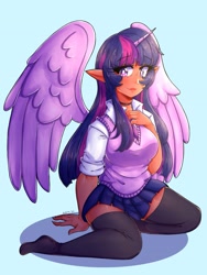 Size: 2787x3716 | Tagged: safe, artist:mylittleyuri, imported from derpibooru, twilight sparkle, alicorn, human, alicorn humanization, blue background, breasts, busty twilight sparkle, clothes, dark skin, elf ears, horned humanization, humanized, kneeling, shirt, simple background, skirt, solo, stocking feet, stockings, sweater vest, thigh highs, twilight sparkle (alicorn), winged humanization, zettai ryouiki